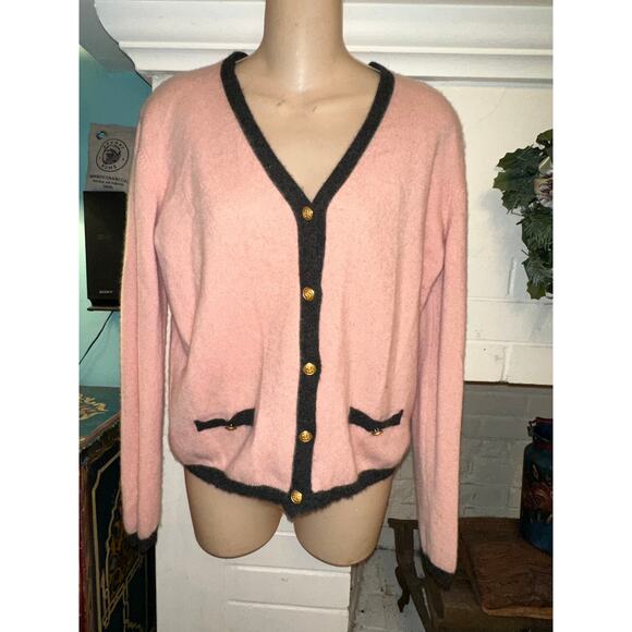 VINTAGE NEIMAN MARCUS PINK BLACK BORDERED CASHMERE CARDIGAN SWEATER L - Picture 7 of 7
